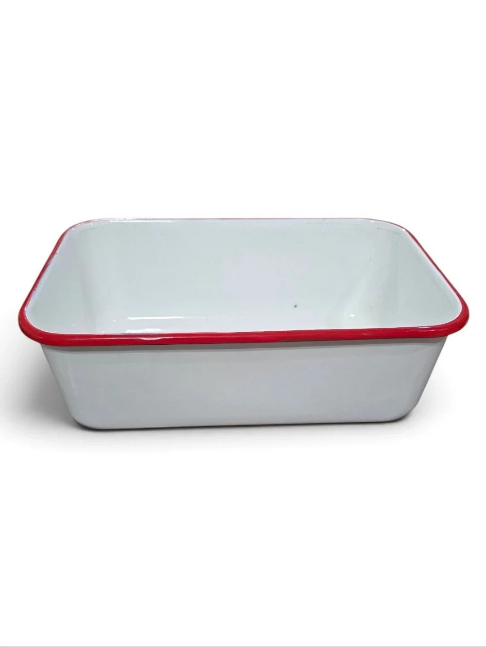 Vintage White Enamel Baking Dish with Red Rim